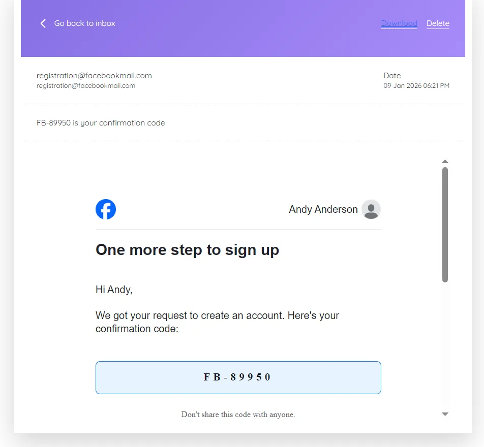 Successful facebook verification using 10 minute mail inbox