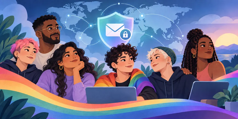 LGBTQ+ people using private online communication with a privacy shield and world map