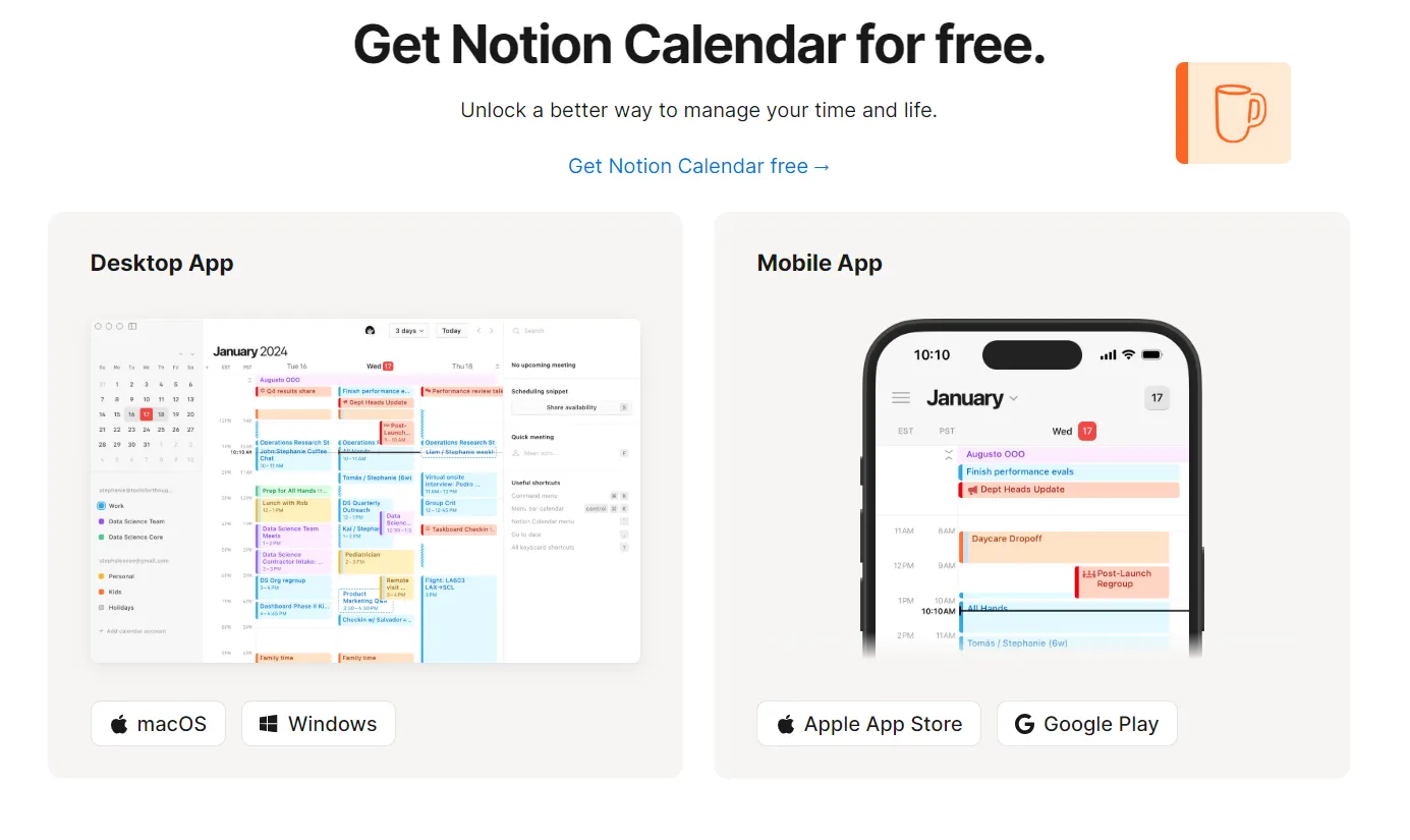 عرض جدول تقويم Notion اليومي النظيف المستخدم في تخطيط العمل اليومي