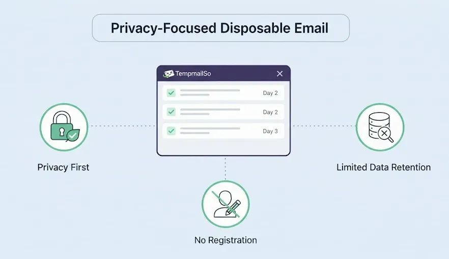 Privacy-first disposable email concept showing minimal data collection and short message retention