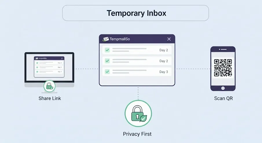 Sharing a temporary inbox across devices using link or QR code