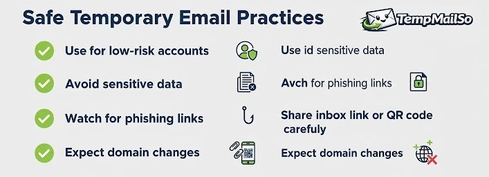 Best practices for using temporary email safely including low-risk use, avoid sensitive data, phishing awareness, and safe inbox sharing