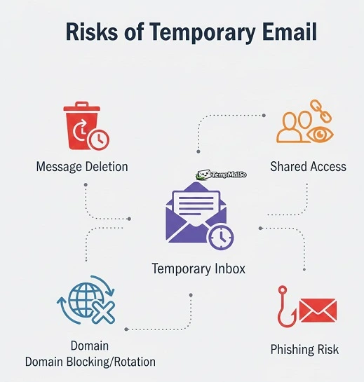 Diagram of temporary email risks including message deletion, public access, domain rotation, and phishing