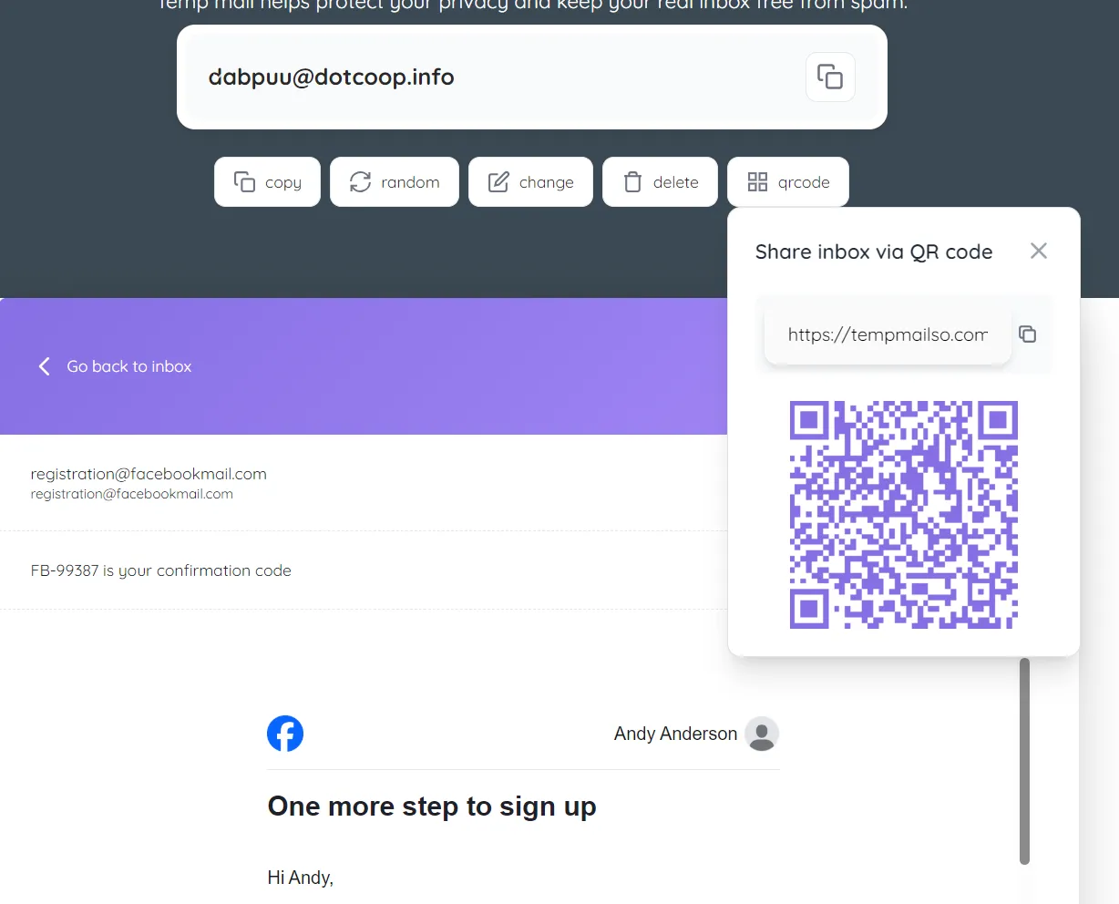 Access social media verification email using temporary inbox share link or QR code