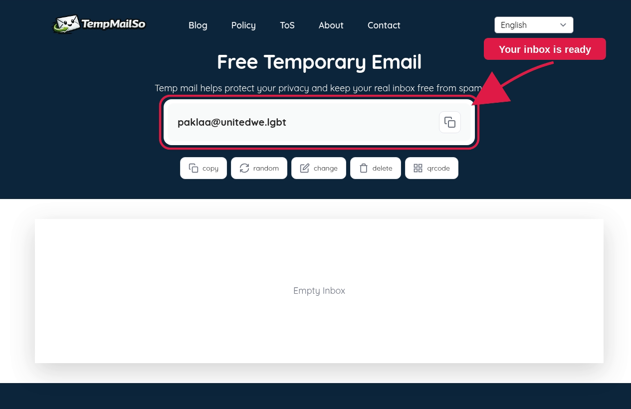 TempmailSo temporary email inbox created automatically