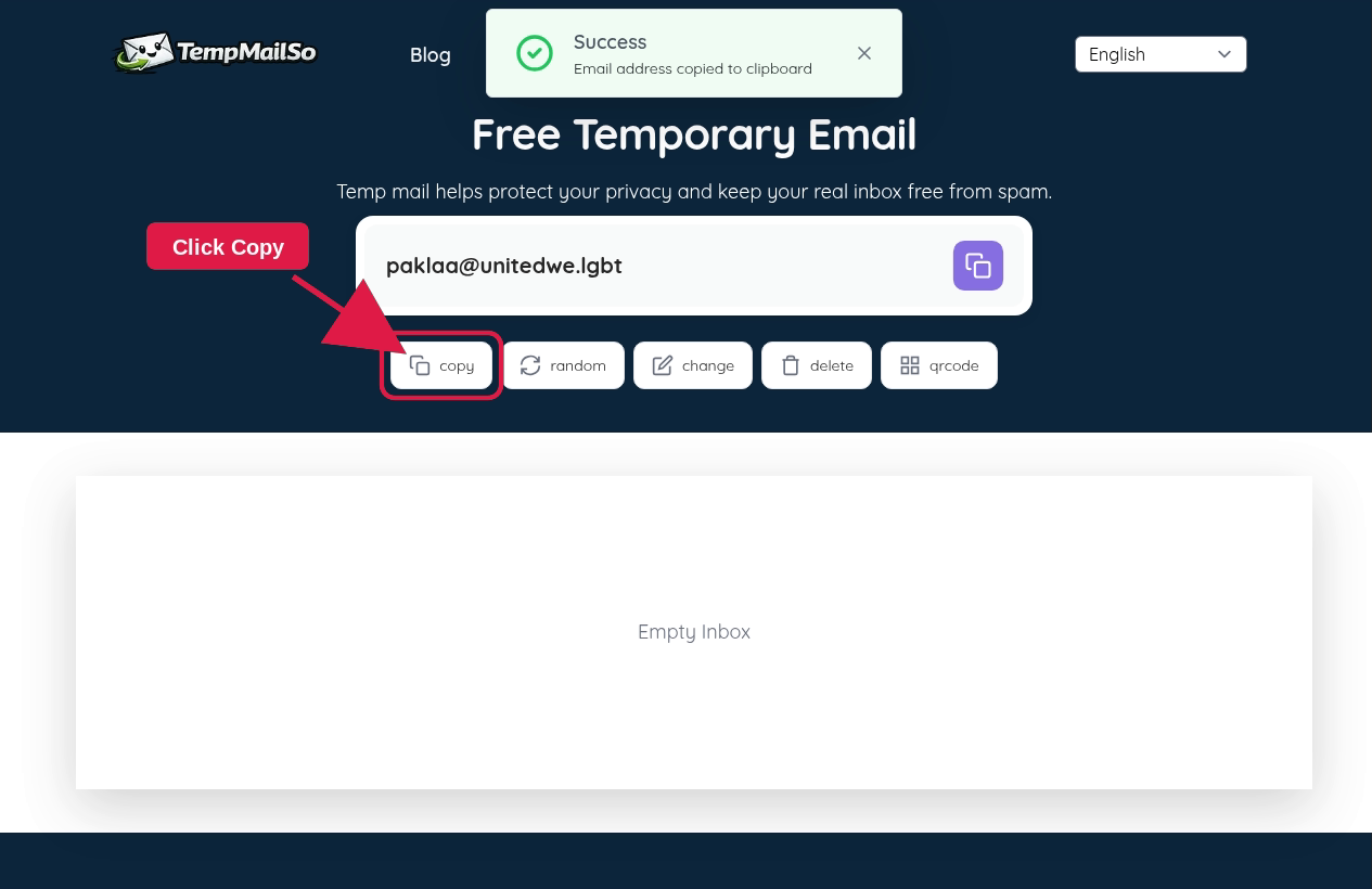 Copy button for a TempmailSo temporary email address