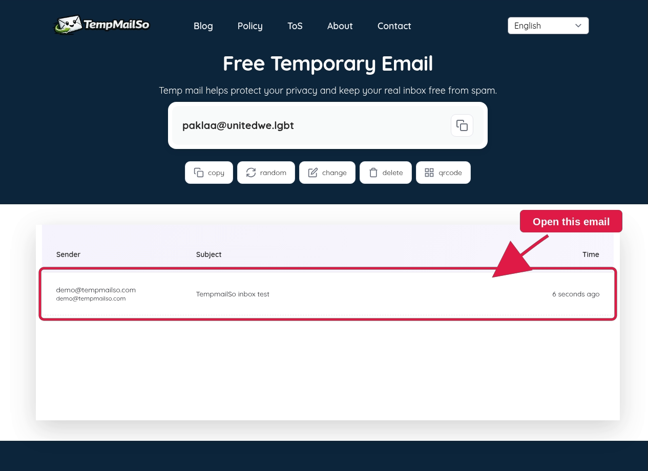 Incoming email received in a TempmailSo temporary inbox