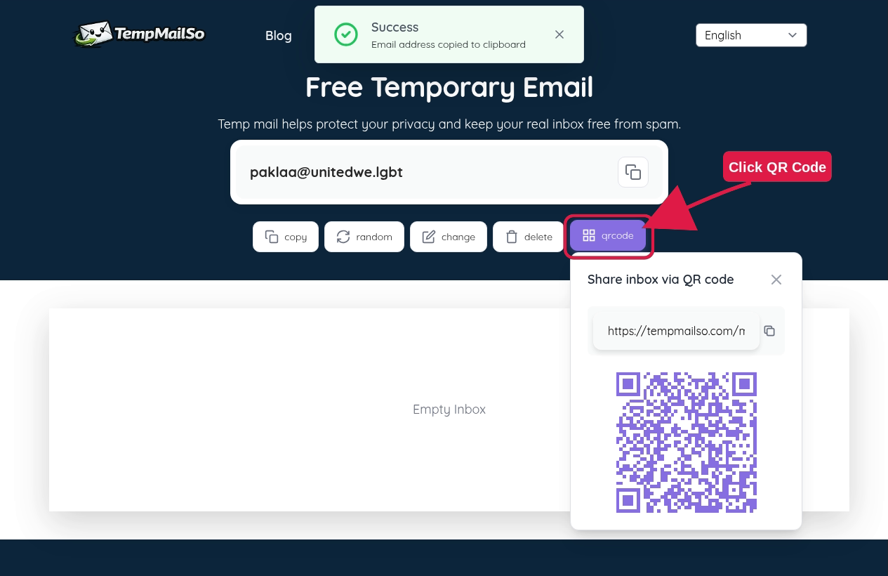 TempmailSo QR code for sharing a temporary email inbox