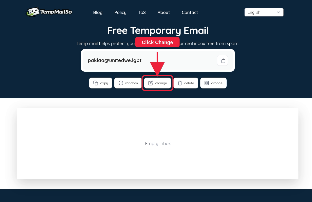 Change button for a TempmailSo temporary email address