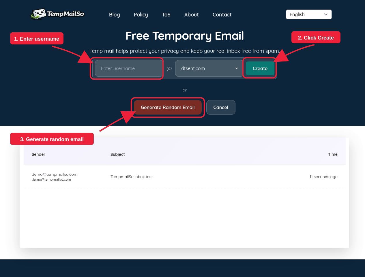 TempmailSo form to enter a username or generate a random email
