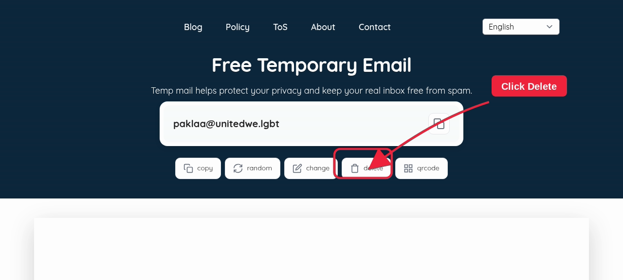 Delete button for a TempmailSo temporary email address