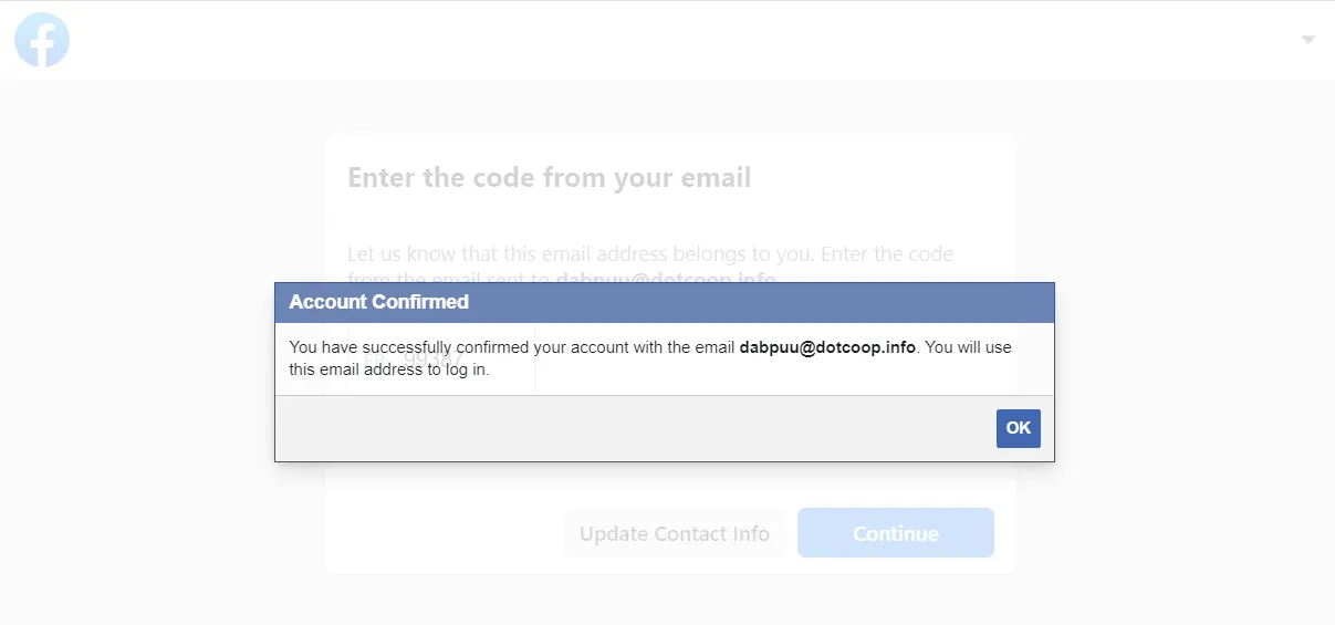 Successful facebook verification using 10 minute mail inbox