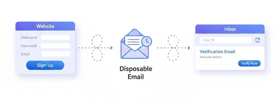 Temporary email inbox diagram showing a disposable email address receiving verification messages