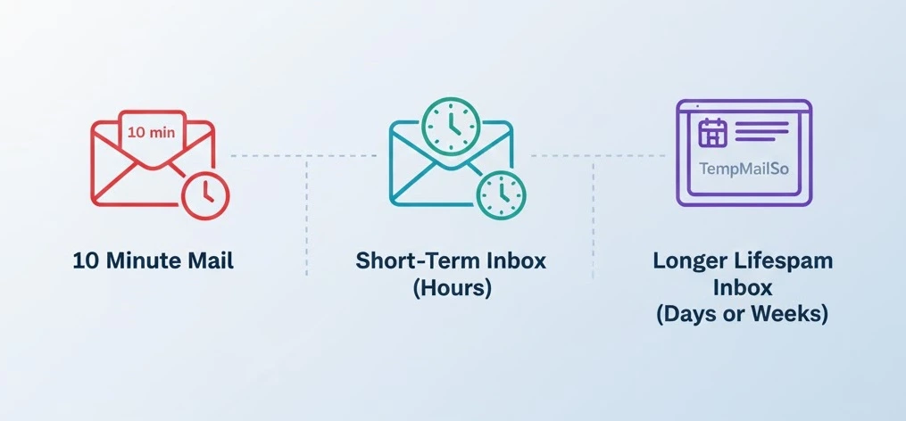 Overview of temporary email lifespan comparing 10 minute mail and longer lasting disposable inboxes
