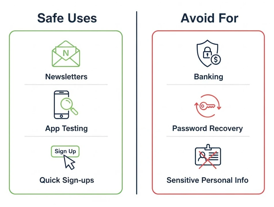 Temporary email safety guide showing safe uses like newsletters and testing and unsafe uses like banking and password recovery