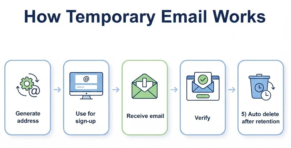 How temporary email works step by step: generate address, register, receive email, verify, and delete after retention