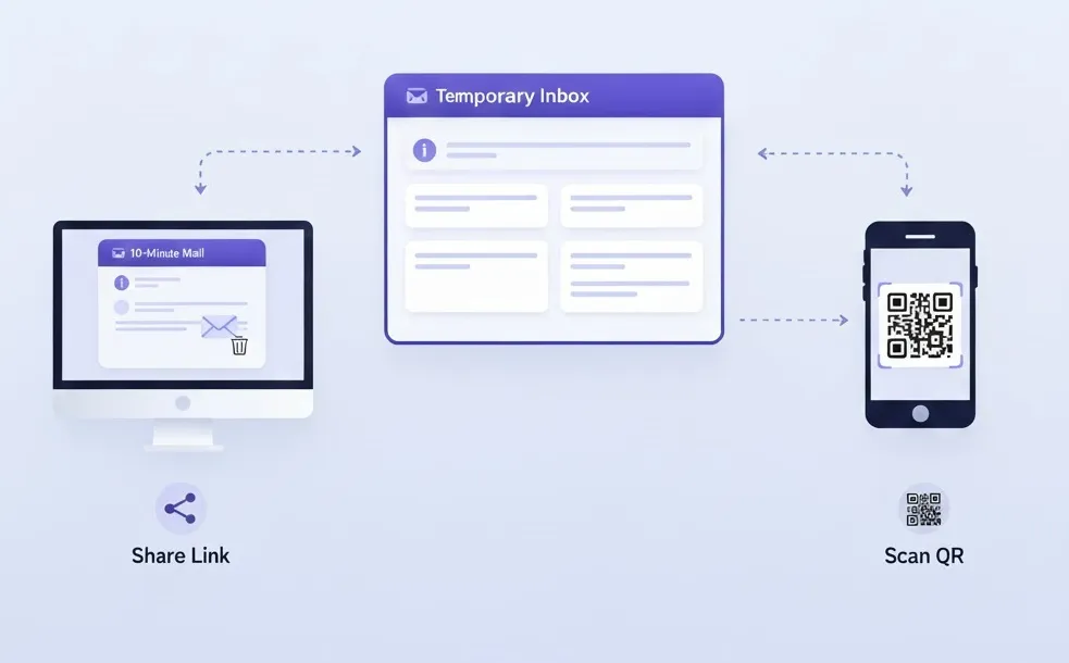 Access temporary inbox OTP email using a shared link or QR code on another device